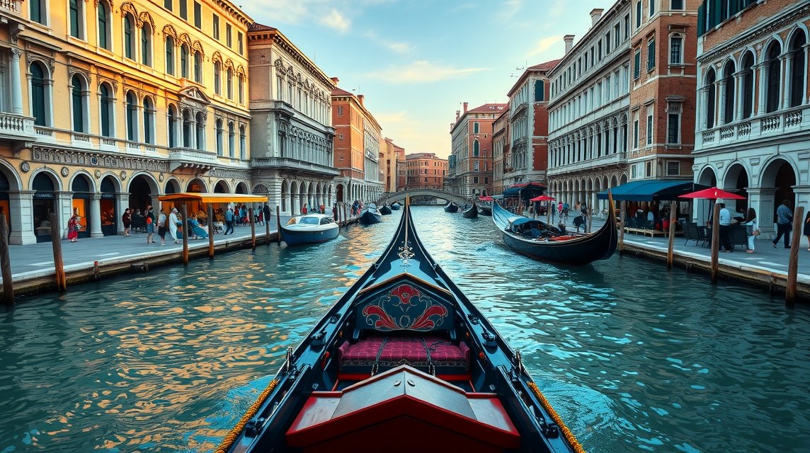 Gondolázás a Canal Grandén Velencében, gyönyörű paloták között.