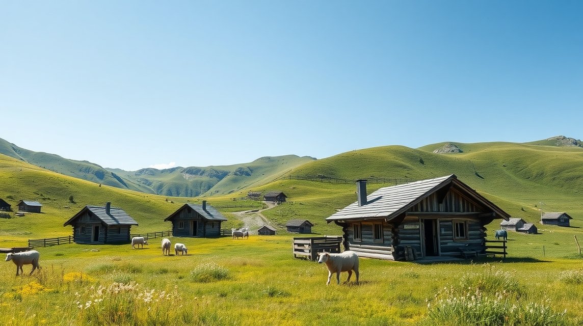 Velika Planina pásztorkunyhói és fenyők a hegyekben
