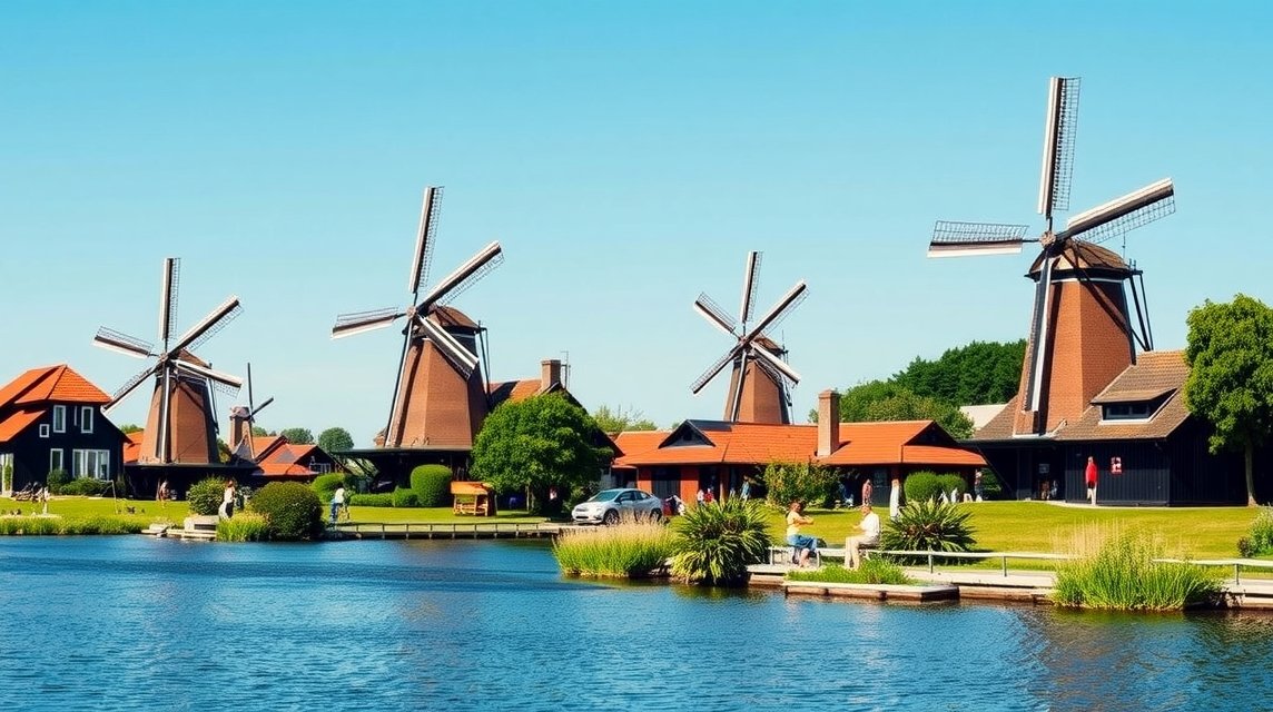 Zaanse Schans szélmalmok és hagyományos házak Hollandiában