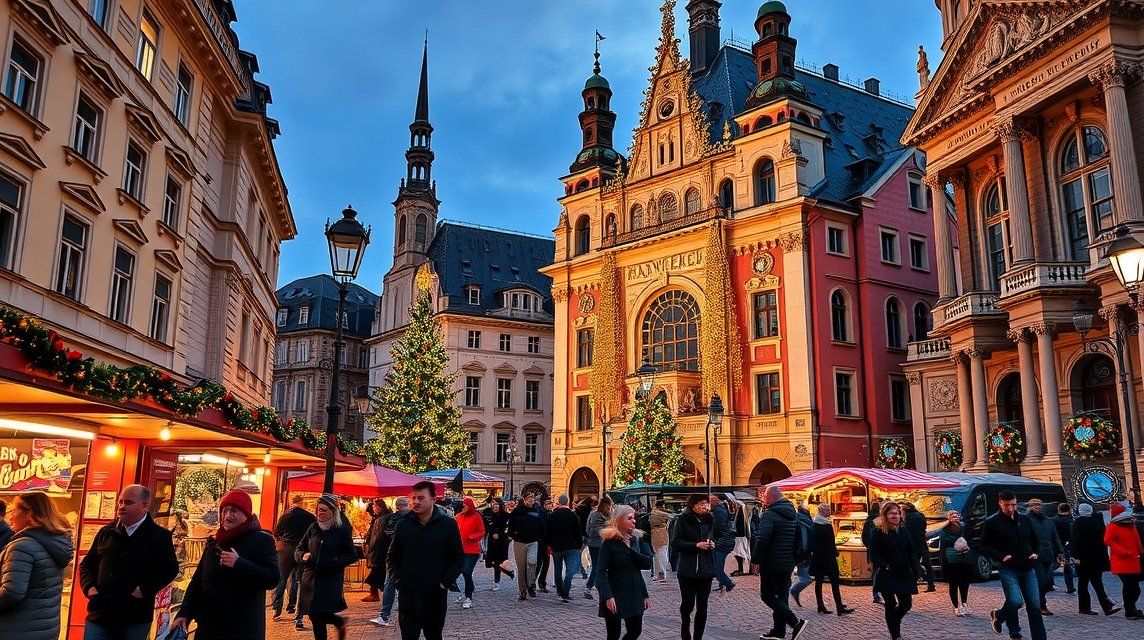 Zágráb adventi vásár karácsonyi díszítéssel és forgalmas utcákkal