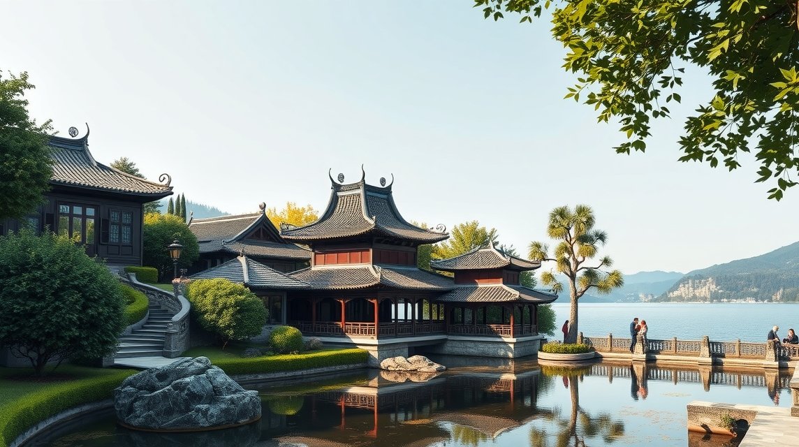 Zürich Kínai Kert pagodái a tóparton, békés környezet.