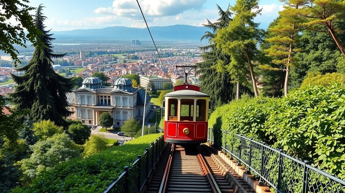 Zürich látnivalók - Utazás a Polybahn siklóval az egyetemhez 1 Polybahn sikló Zürichban, gyönyörű kilátással a városra.