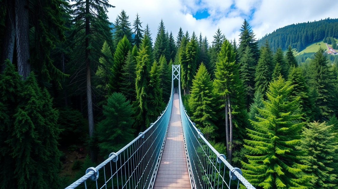 Capilano függőhíd, lenyűgöző kilátás a lombkorona felett Vancouverben.