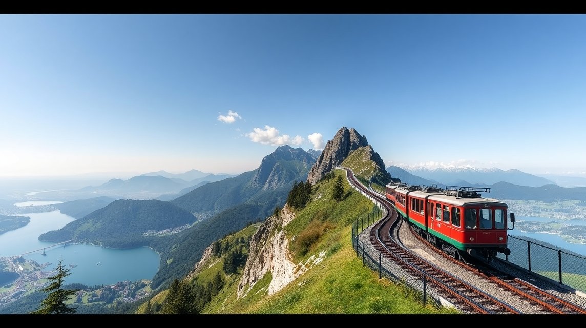Luzern látnivalók - A Rigi-hegy és a fogaskerekű vasút 1 Fogaskerekű vonat a Rigi-hegyen, lélegzetelállító svájci tájjal.