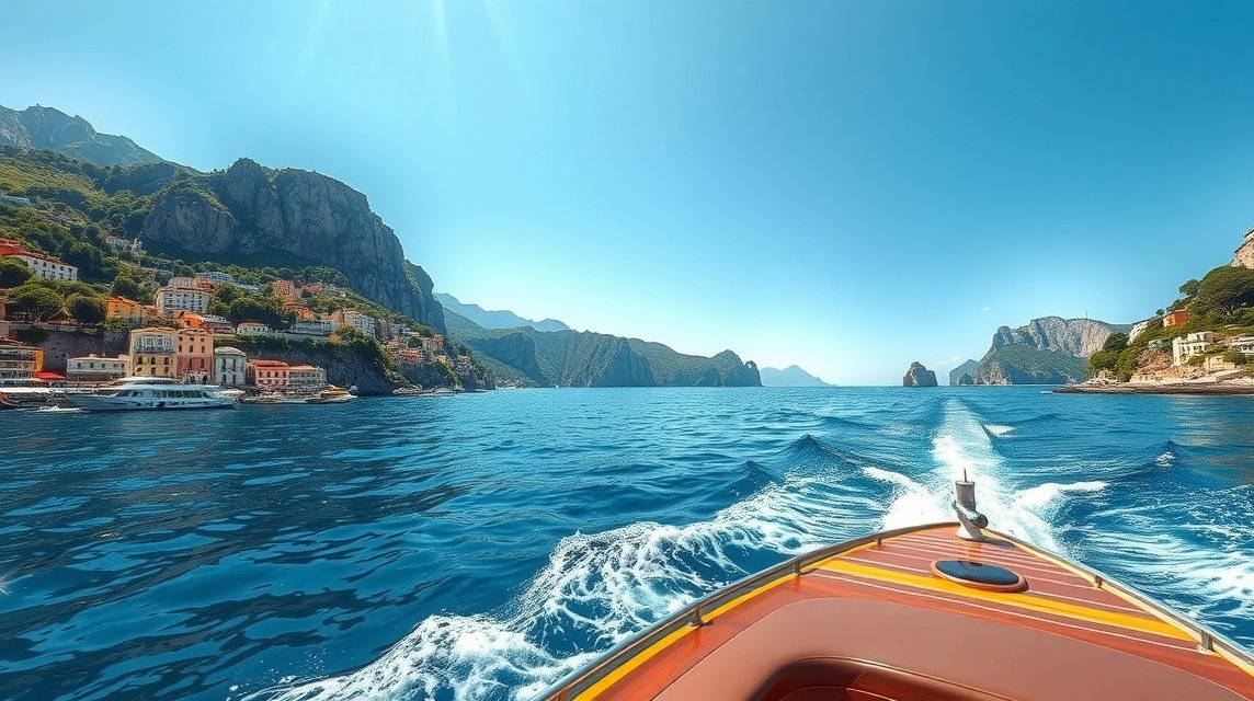 Hajóút Nápolyból Caprira, gyönyörű víz és sziklafalak.