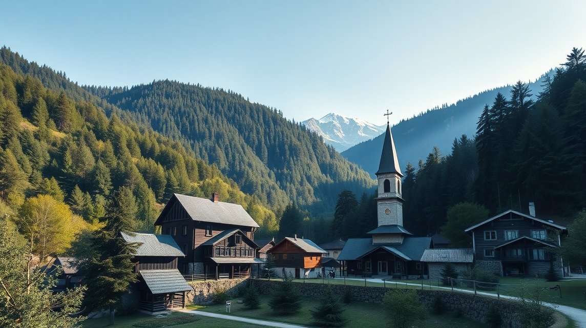 Úrvölgy bányászfalu tája, gyönyörű hegyekkel és fás területekkel.