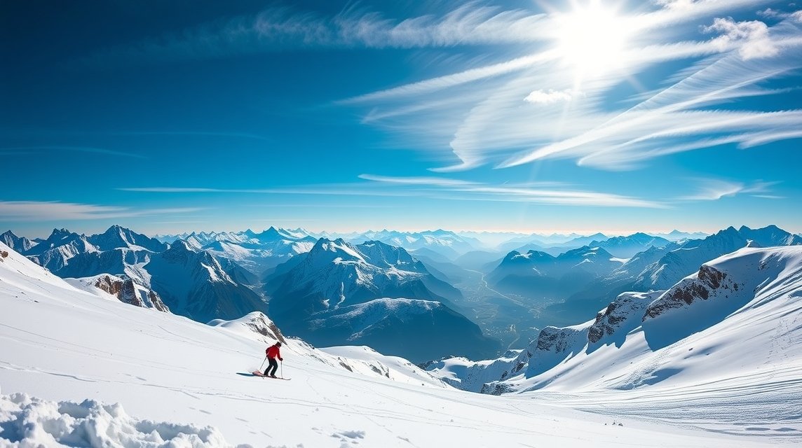 Síelő a Diavolezza gleccseren, lenyűgöző alpesi táj Sankt Moritz környékén.