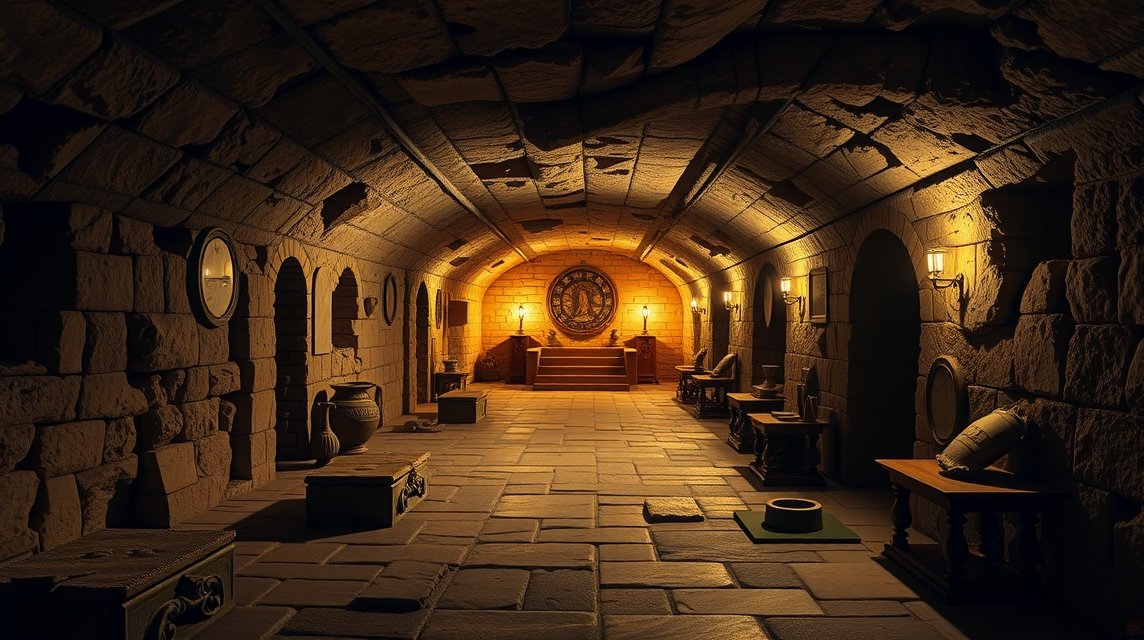 Földalatti Római Fórum múzeum sötét történelmi folyosója.