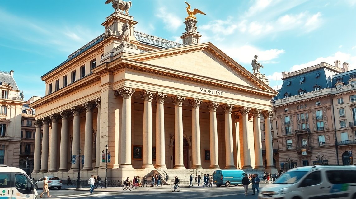 A Madeleine-templom Párizsban, neoklasszicista építészeti stílusban.