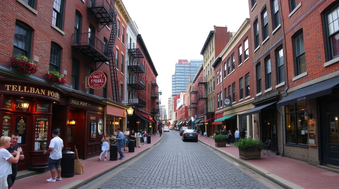 Fells Point macskaköves utcái bárokkal Baltimore városában
