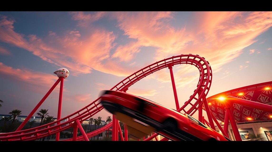 Ferrari World Formula Rossa hullámvasút Abu Dhabiban naplementében.