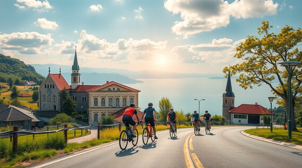 Kerékpárosok a Fertő-tónál, gyönyörű tájban