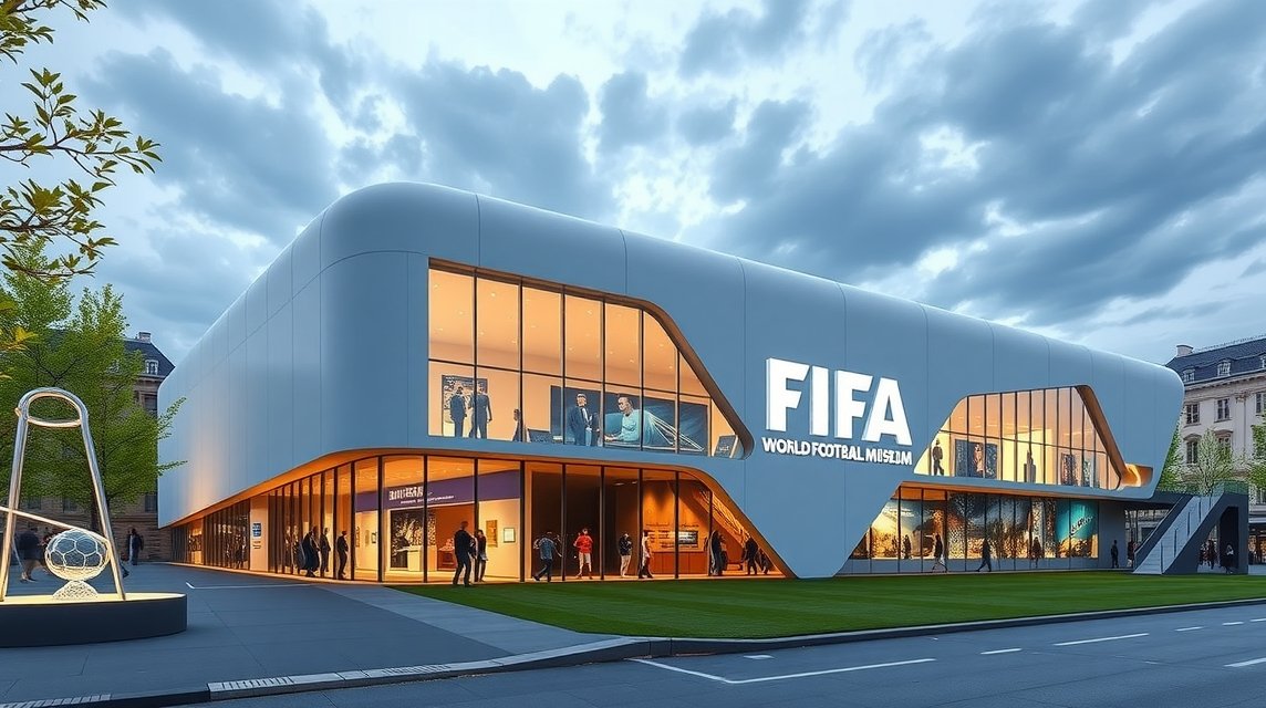 A FIFA Világfoci Múzeum modern épülete Zürichben.