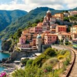 Cinque Terre városai vonatból nézve, gyönyörű tengerpart és hegyek.