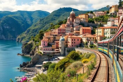 Cinque Terre városai vonatból nézve, gyönyörű tengerpart és hegyek.
