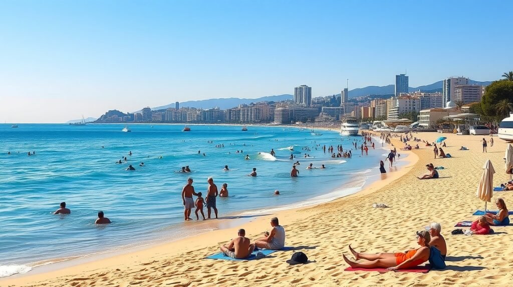 A La Malagueta strand napos képe, pihenő emberekkel és gyönyörű tengerrel.