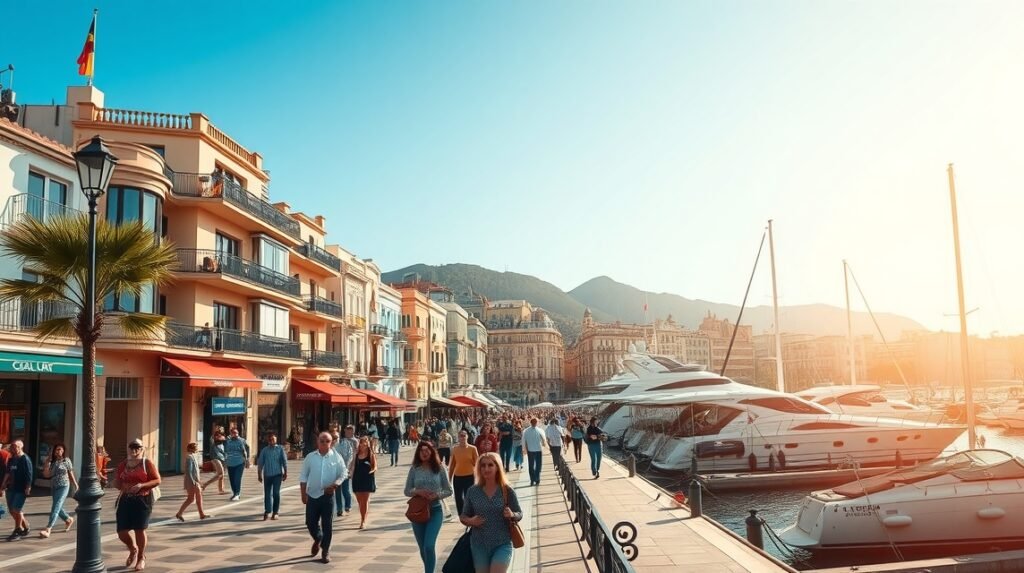 Málaga kikötői sétánya tele éttermekkel és butikokkal