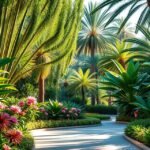 Zöldellő növények és trópusi virágok a Parque de Málaga-ban