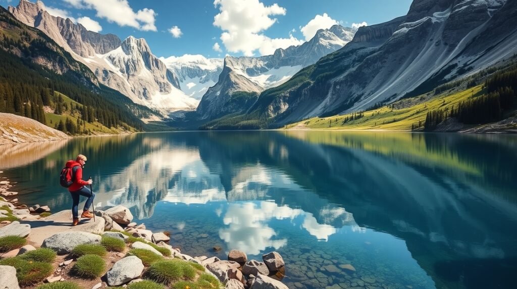 Túrázó a Dolomitok gyönyörű tavánál, napsütötte hegyekkel a háttérben.