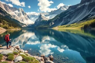 Túrázó a Dolomitok gyönyörű tavánál, napsütötte hegyekkel a háttérben.