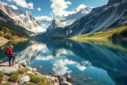 Túrázó a Dolomitok gyönyörű tavánál, napsütötte hegyekkel a háttérben.