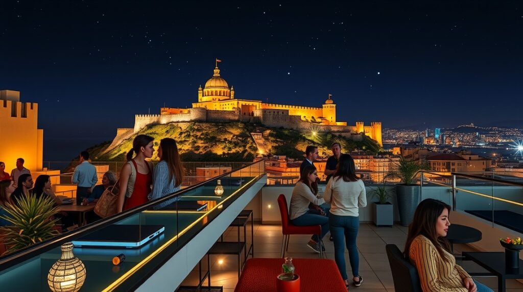 Kilátás a Málaga-i várra tetőteraszon, éjszaka