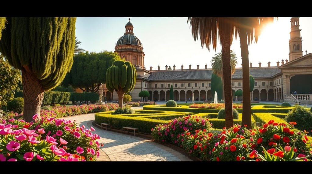 A Real Alcázar gyönyörű kertjei Sevillában a napfényben.