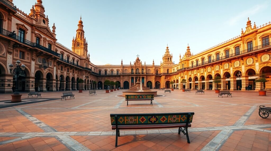 A Plaza de España padjai és monumentális épületei Sevillában.