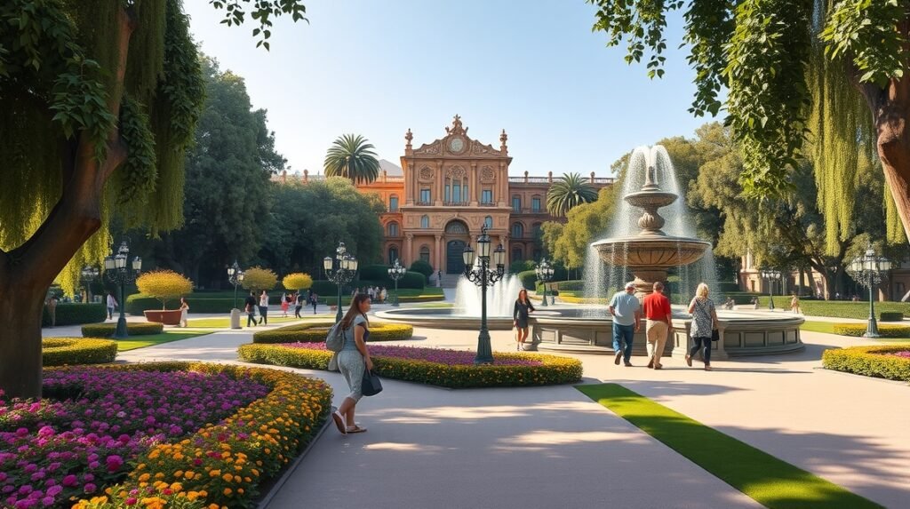 Séta a María Luisa parkban Sevilla virágzó sétányain és szökőkutain keresztül.