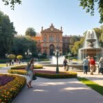 Séta a María Luisa parkban Sevilla virágzó sétányain és szökőkutain keresztül.