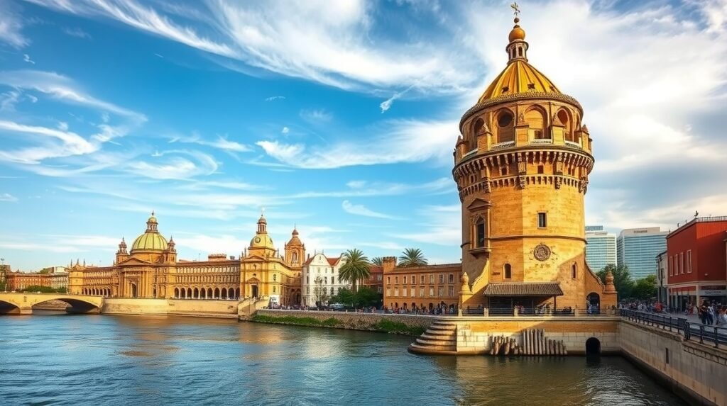 A Torre del Oro Sevilla folyópartján gyönyörű napfényben