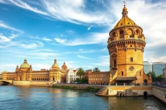 A Torre del Oro Sevilla folyópartján gyönyörű napfényben