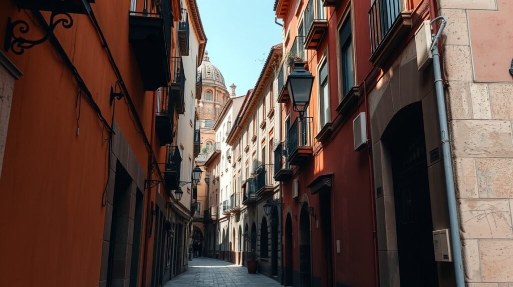 Sziklás sikátorok Sevilla Santa Cruz negyedében, virágos hangulatban.