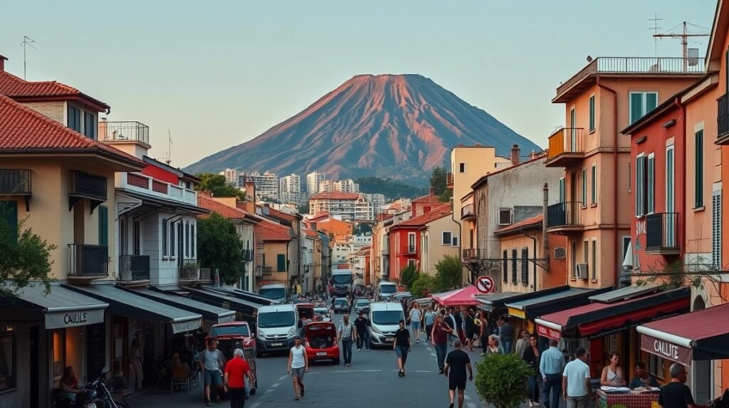 Nápoly városképe a Vezúv háttérben, emberek a sétálóutcában.