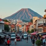 Nápoly városképe a Vezúv háttérben, emberek a sétálóutcában.