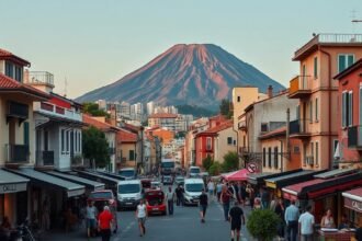 Nápoly városképe a Vezúv háttérben, emberek a sétálóutcában.