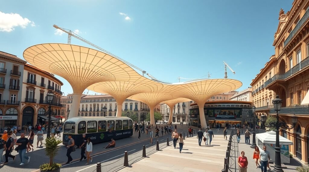 Metropol Parasol, Sevilla gomba alakú kilátója, városi tájban.