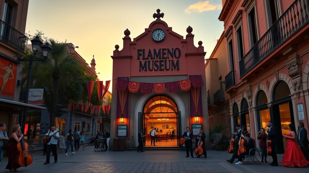 A Flamenco Múzeum bejárata Sevillában, este élő zenével.