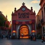 A Flamenco Múzeum bejárata Sevillában, este élő zenével.