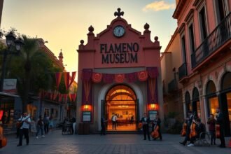 A Flamenco Múzeum bejárata Sevillában, este élő zenével.