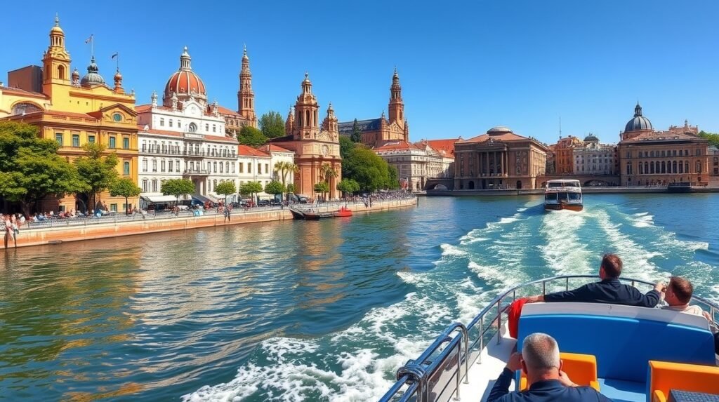 Hajókázás a Guadalquivir folyón Sevillában, lenyűgöző épületek között.