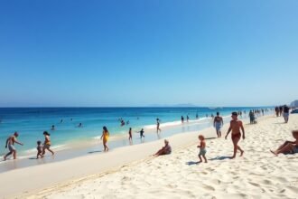 Családok a tengerparton Észak-Olaszországban, gyerekbarát nyaralás.