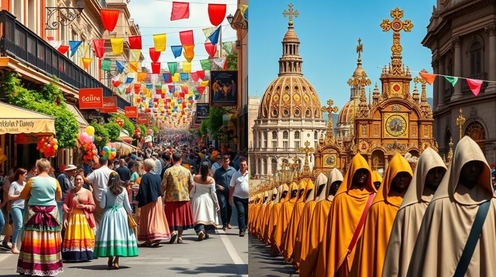 Színes sátrak és hagyományos ünnepi felvonulások Sevillában.