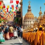 Színes sátrak és hagyományos ünnepi felvonulások Sevillában.