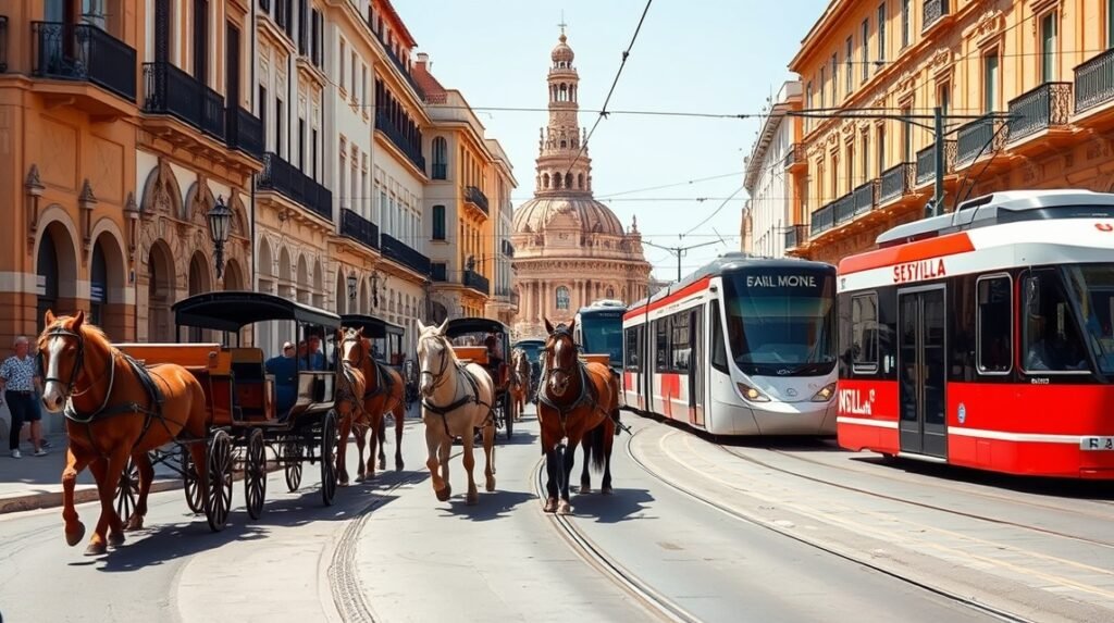 Lovaskocsikázás és villamosok Sevilla utcáin