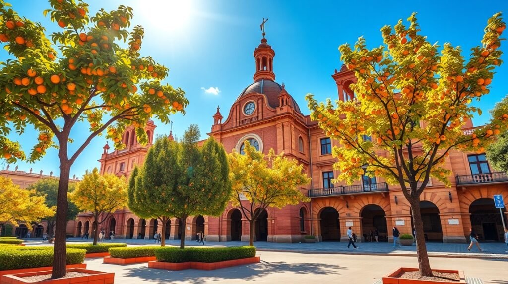 Sevilla városképe narancsfákkal az őszi napsütésben