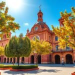 Sevilla városképe narancsfákkal az őszi napsütésben