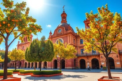 Sevilla városképe narancsfákkal az őszi napsütésben