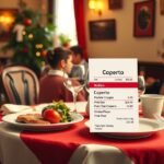 Olasz étterem számla coperto díjjal, étkezési asztal háttérrel.