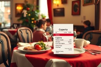 Olasz étterem számla coperto díjjal, étkezési asztal háttérrel.